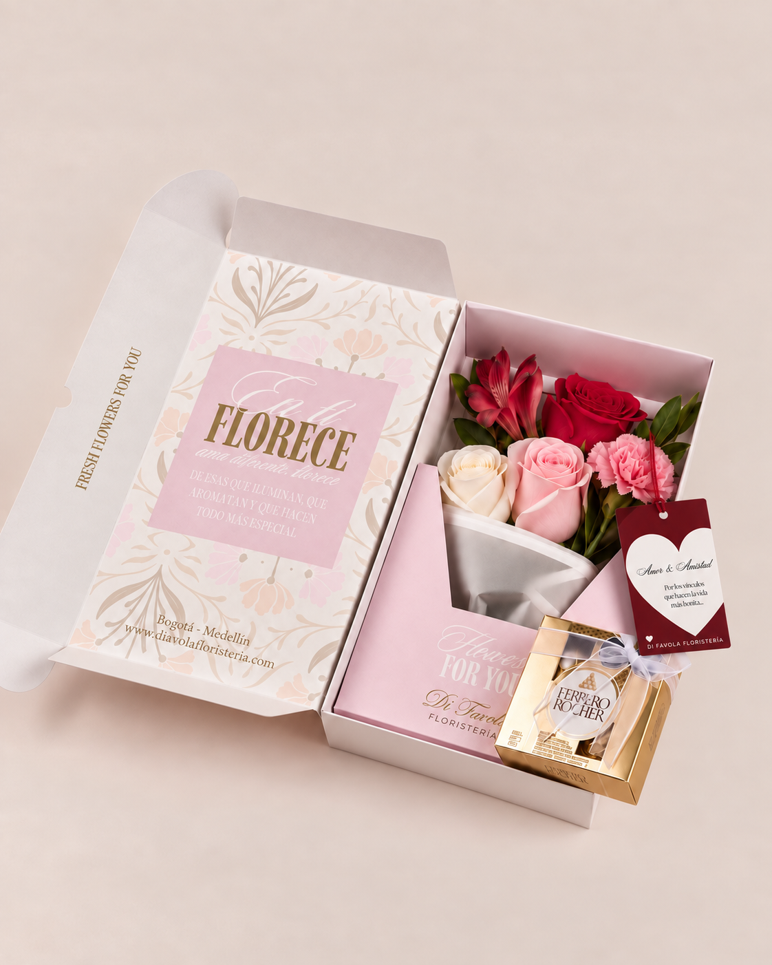 Estuche creación y dulzura. Flores y Ferrero Rocher Amor y Amistad