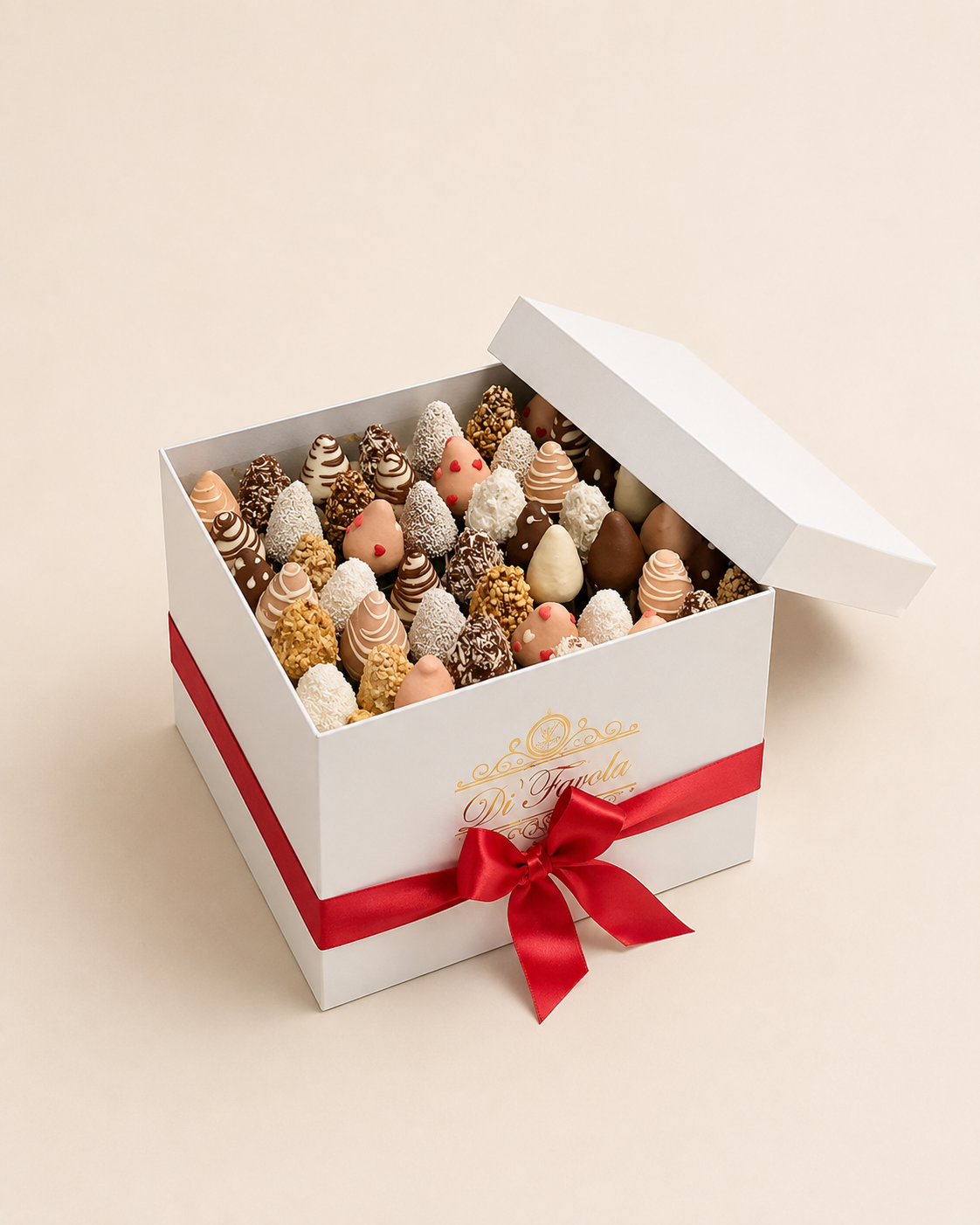Caja cuadrada grande x 49 fresas con chocolate