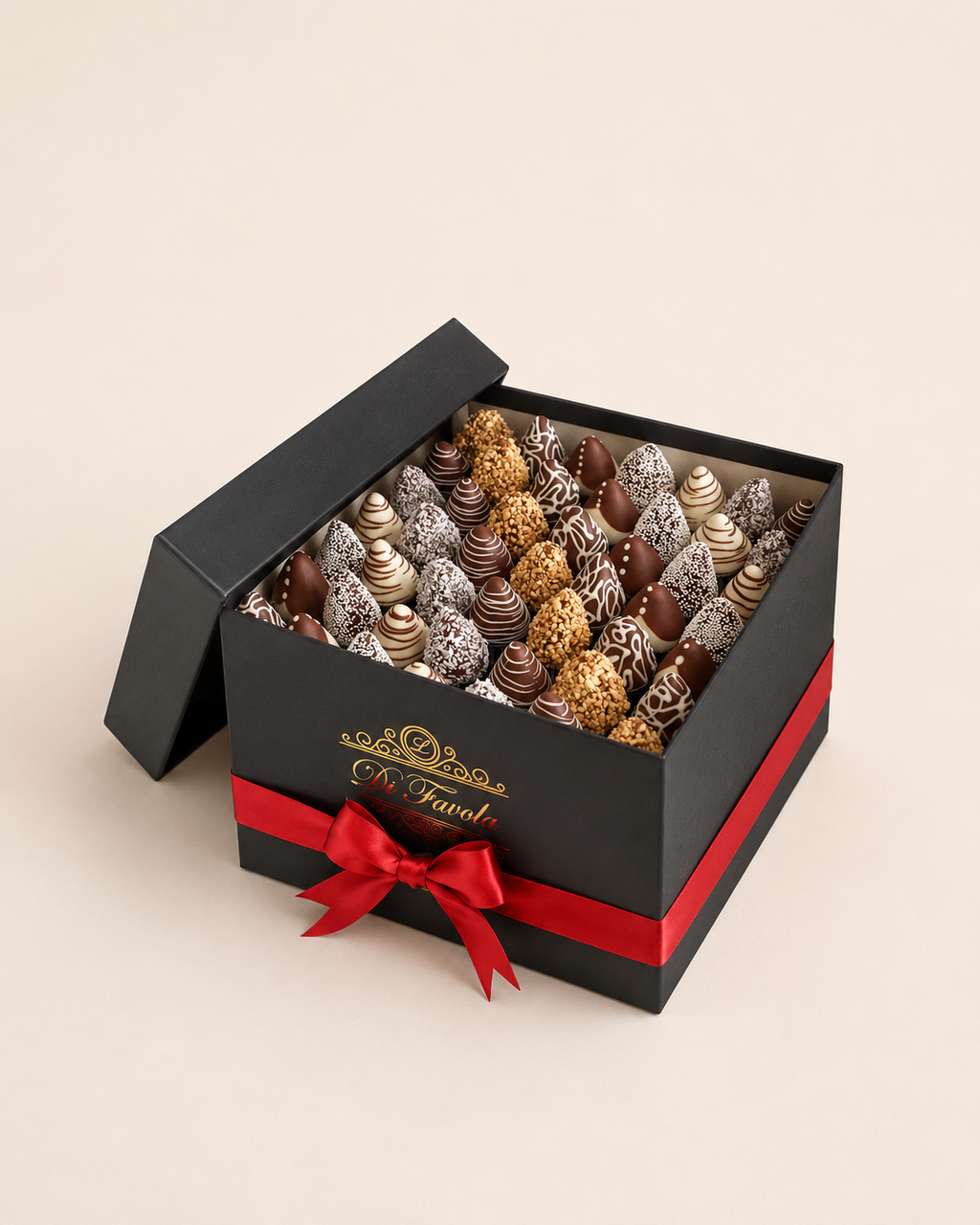 Caja cuadrada grande x 49 fresas con chocolate